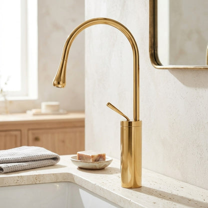 Lagomel single-hole single-handle vessel sink faucet, set in a Modern/Minimalist/Contemporary bathroom