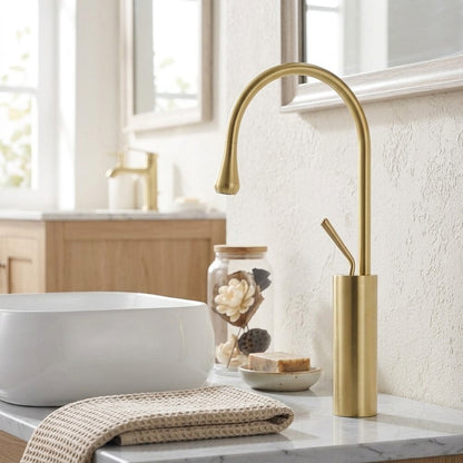 Lagomel single-hole single-handle vessel sink faucet, set in a Modern/Minimalist/Contemporary bathroom