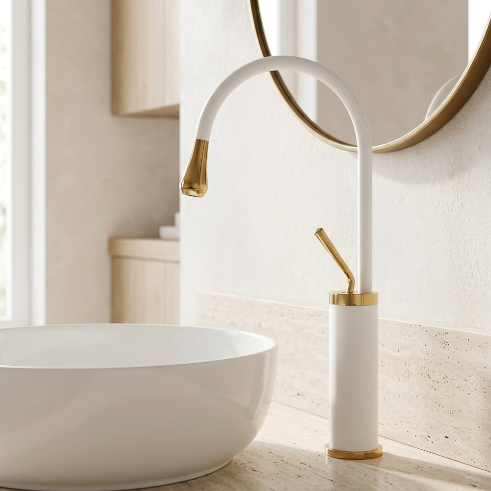 Lagomel single-hole single-handle vessel sink faucet, set in a Modern/Minimalist/Contemporary bathroom