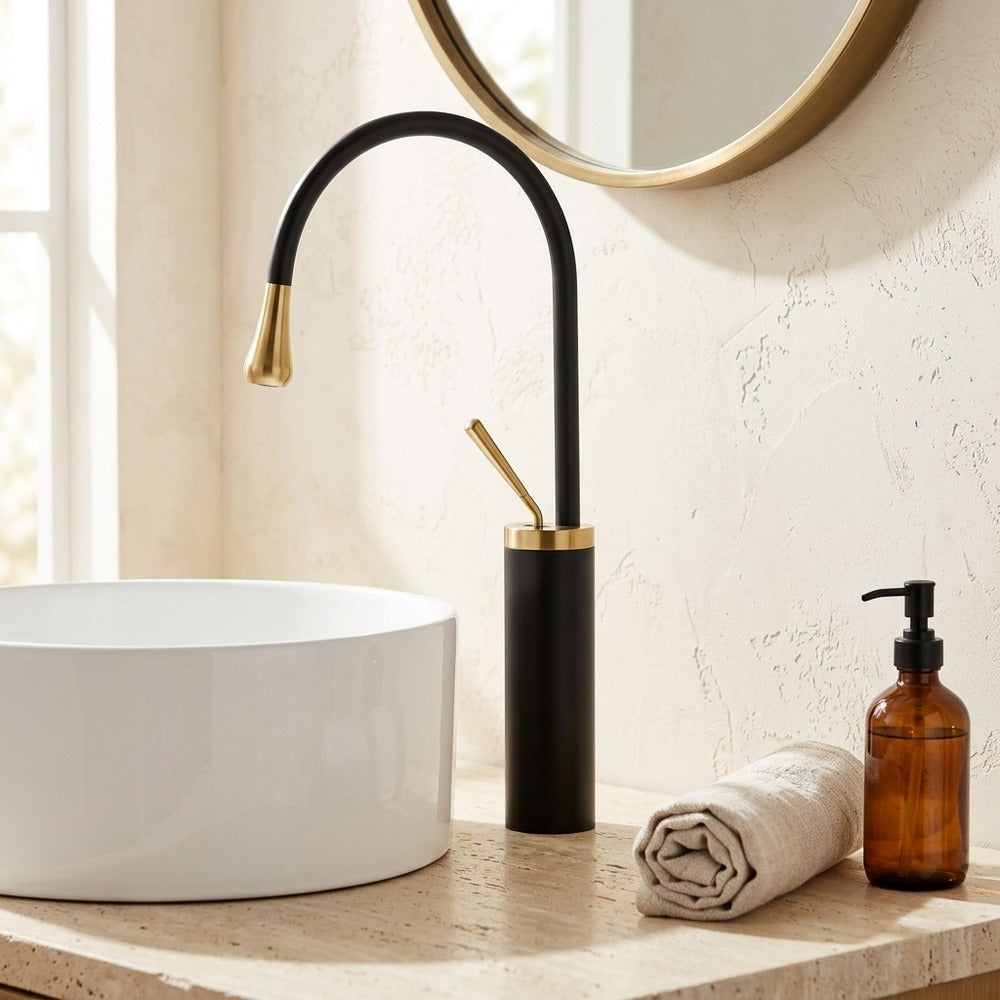 Lagomel single-hole single-handle vessel sink faucet, set in a Modern/Minimalist/Contemporary bathroom