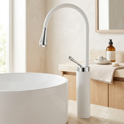 Lagomel single-hole single-handle vessel sink faucet, set in a Modern/Minimalist/Contemporary bathroom