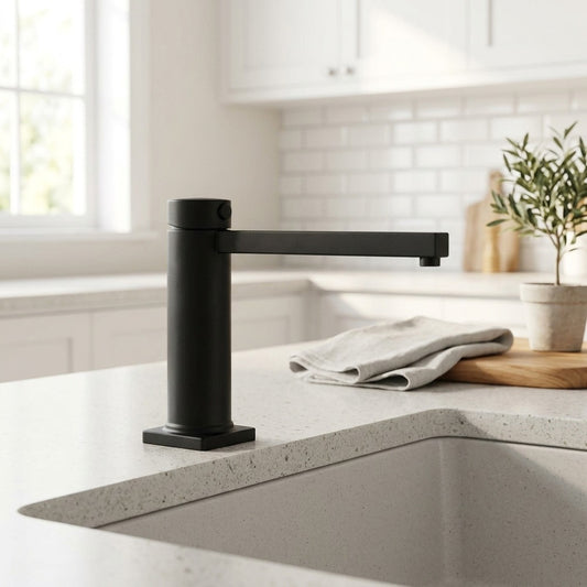 Lagomel soap dispenser in matte black, brushed nickel, stainless steel, brushed gold, set in a Contemporary kitchen