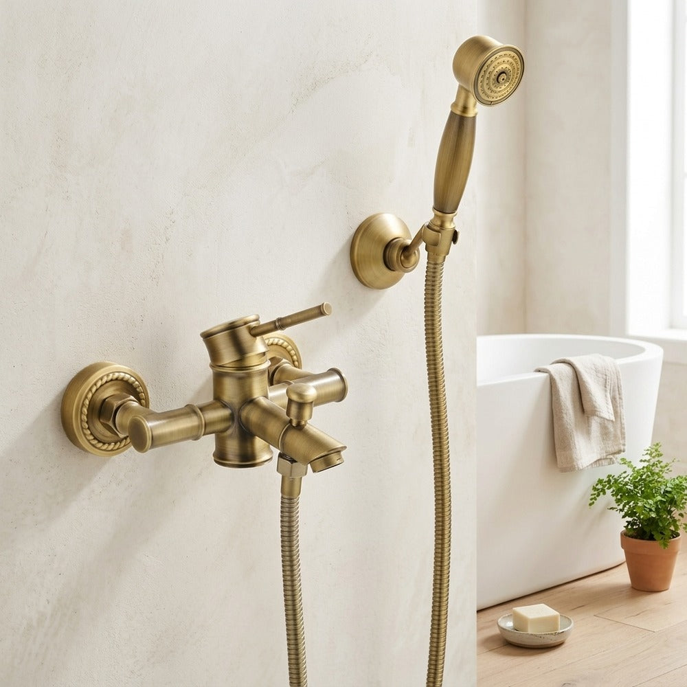 Lagomel single-handle wall-mount tub filler in antique brass, oil-rubbed bronze, set in a Vintage/Retro bathroom