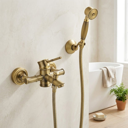 Lagomel single-handle wall-mount tub filler in antique brass, oil-rubbed bronze, set in a Vintage/Retro bathroom