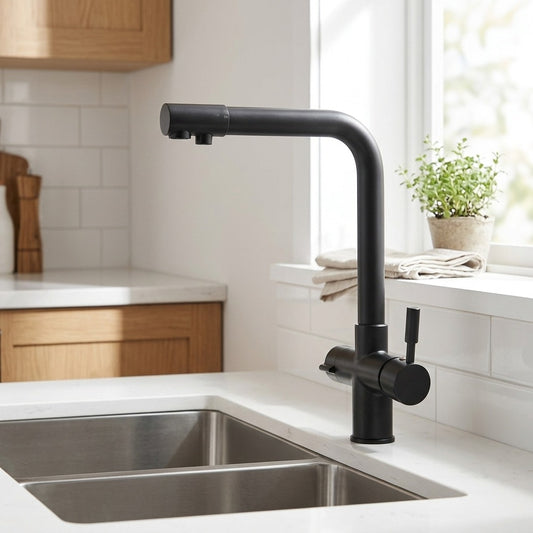 Lagomel double-handle water filtration faucet in matte black, chrome, set in a Modern/Contemporary kitchen