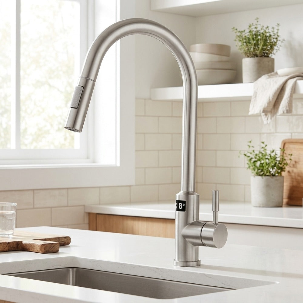 Lagomel single-handle pull-down kitchen faucet in stainless steel, set in a Modern/Contemporary kitchen