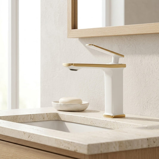 Lagomel waterfall single-hole bathroom faucet in two-tone / mixed finish, chrome, matte black, brushed gold, set in a Modern/Contemporary bathroom