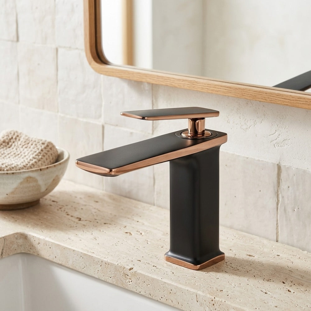 Lagomel waterfall single-hole bathroom faucet, set in a Modern/Minimalist bathroom