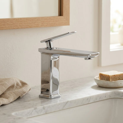 Lagomel waterfall single-hole bathroom faucet, set in a Modern/Minimalist bathroom