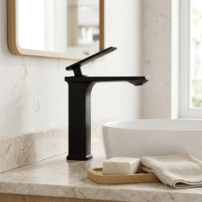 Lagomel waterfall single-hole bathroom faucet, set in a Modern/Minimalist bathroom