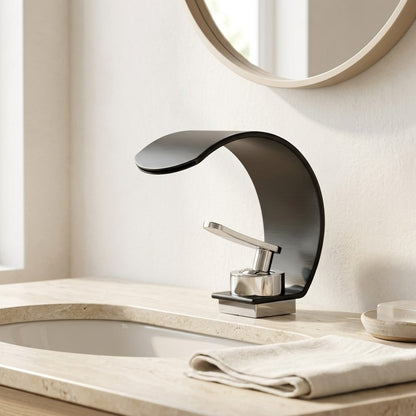 Lagomel waterfall single-hole bathroom faucet in two-tone / mixed finish, chrome, set in a Modern/Contemporary/Minimalist bathroom