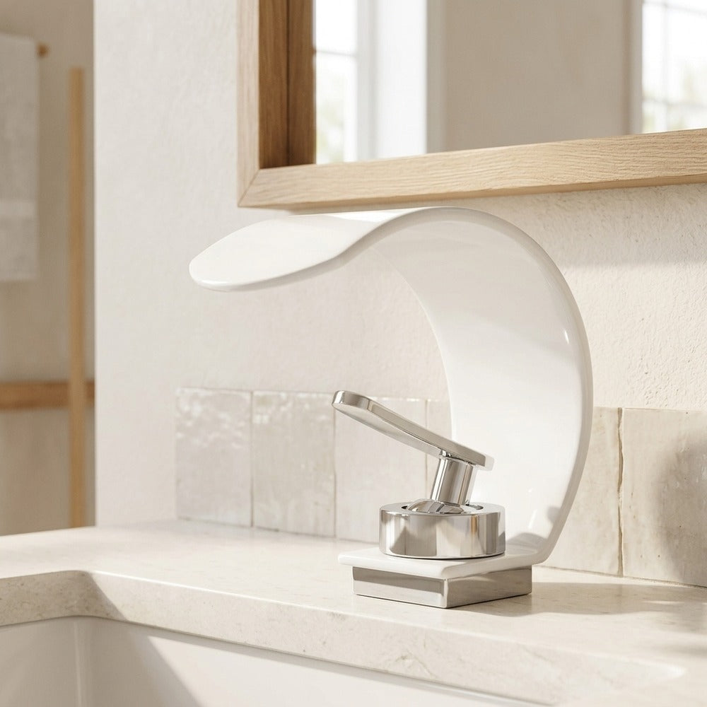Lagomel waterfall single-hole bathroom faucet, set in a Modern/Minimalist bathroom