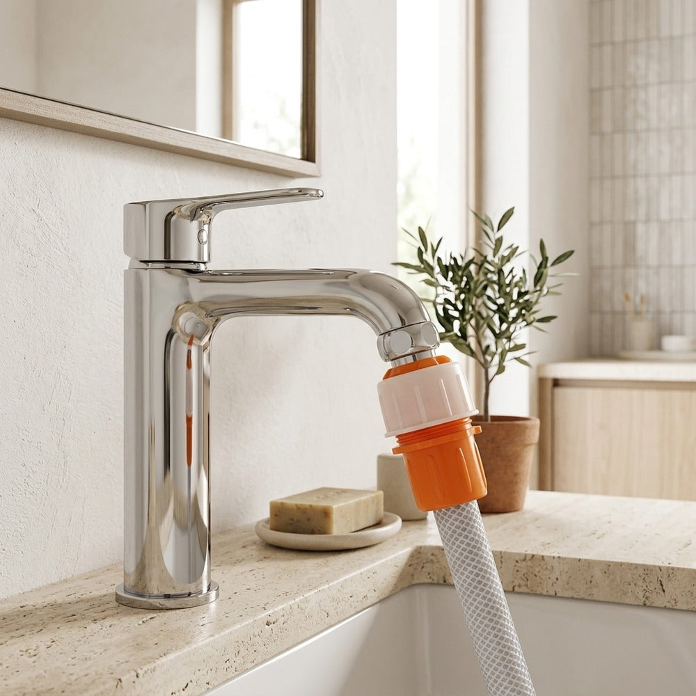 Lagomel faucet connector in white, multi-color, set in a Modern bathroom