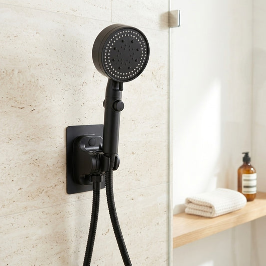 Lagomel hand shower in matte black, chrome, set in a Contemporary bathroom