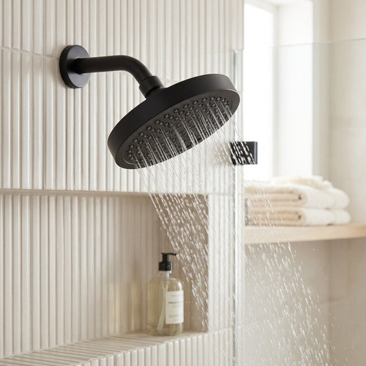 Lagomel wall-mounted fixed shower head in chrome, matte black, stainless steel, set in a Modern/Contemporary bathroom