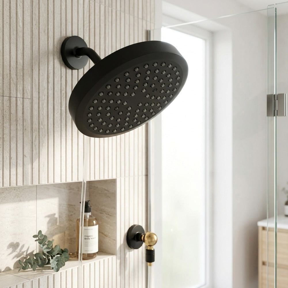 Lagomel wall-mounted fixed shower head, set in a Modern/Contemporary bathroom