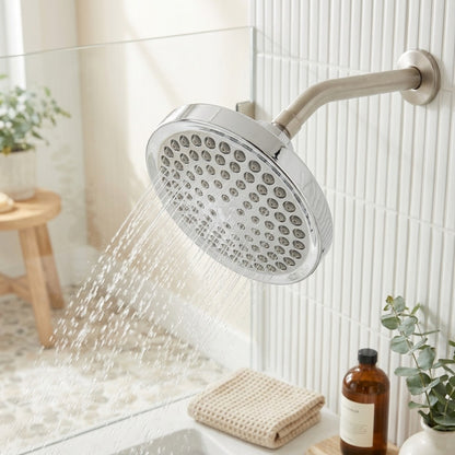 Lagomel wall-mounted fixed shower head, set in a Modern/Contemporary bathroom