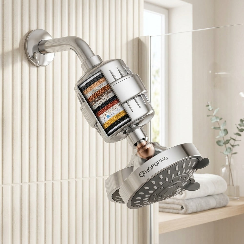 Lagomel wall-mounted fixed shower head, set in a Modern/Contemporary bathroom