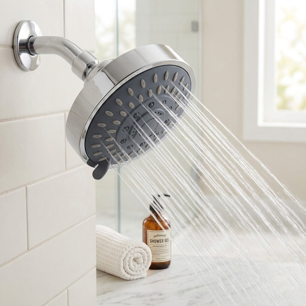 Lagomel wall-mounted fixed shower head in matte black, chrome, set in a Contemporary bathroom