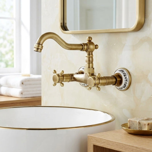 Lagomel wall-mount bathroom faucet in antique brass, brushed brass, brushed nickel, set in a Traditional/Classic/Vintage/Retro bathroom