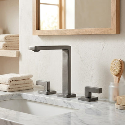 Lagomel widespread bathroom faucet in matte black, chrome, matte white, antique brass, brushed gold, gunmetal, set in a Modern/Contemporary/Minimalist bathroom