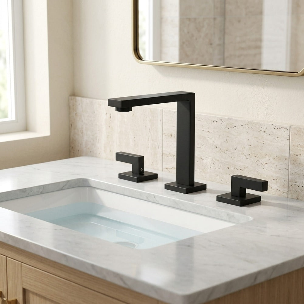 Lagomel widespread bathroom faucet, set in a Modern/Contemporary bathroom