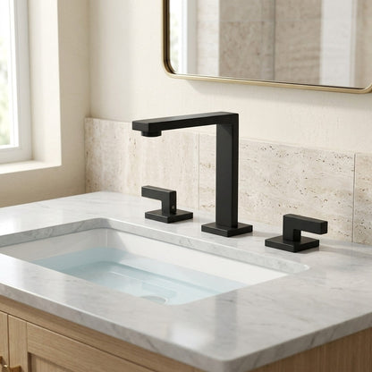 Lagomel widespread bathroom faucet, set in a Modern/Contemporary bathroom