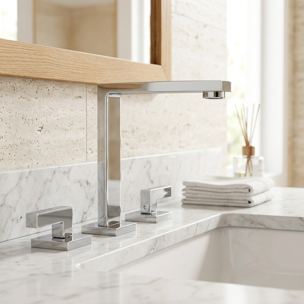 Lagomel widespread bathroom faucet, set in a Modern/Contemporary bathroom