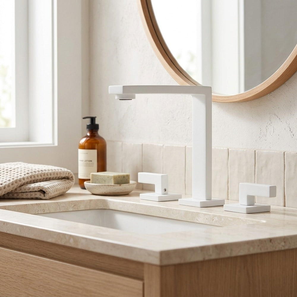 Lagomel widespread bathroom faucet, set in a Modern/Contemporary bathroom