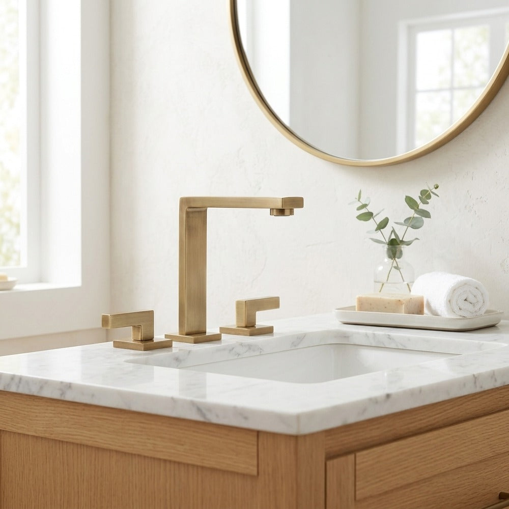 Lagomel widespread bathroom faucet, set in a Modern/Contemporary bathroom