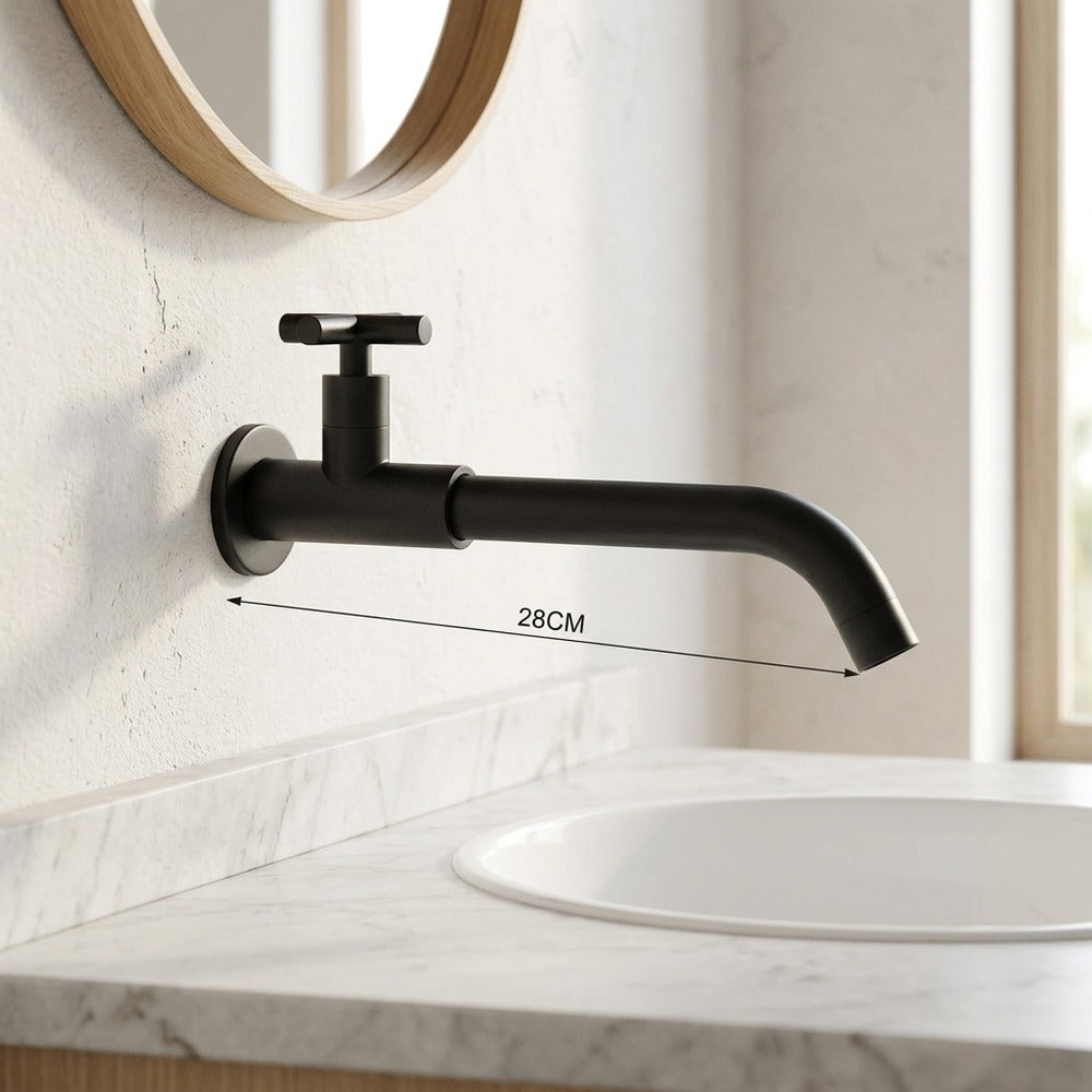 Lagomel single-handle wall-mount bathroom faucet in matte black, matte white, antique brass, chrome, set in a Modern/Contemporary bathroom