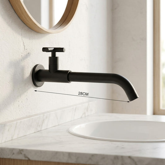 Lagomel single-handle wall-mount bathroom faucet in matte black, matte white, antique brass, chrome, set in a Modern/Contemporary bathroom