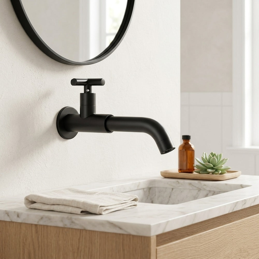 Lagomel single-handle wall-mount bathroom faucet, set in a Modern/Contemporary bathroom