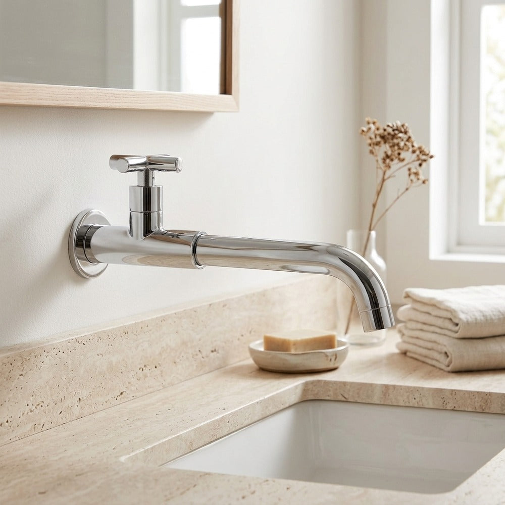 Lagomel single-handle wall-mount bathroom faucet, set in a Modern/Contemporary bathroom