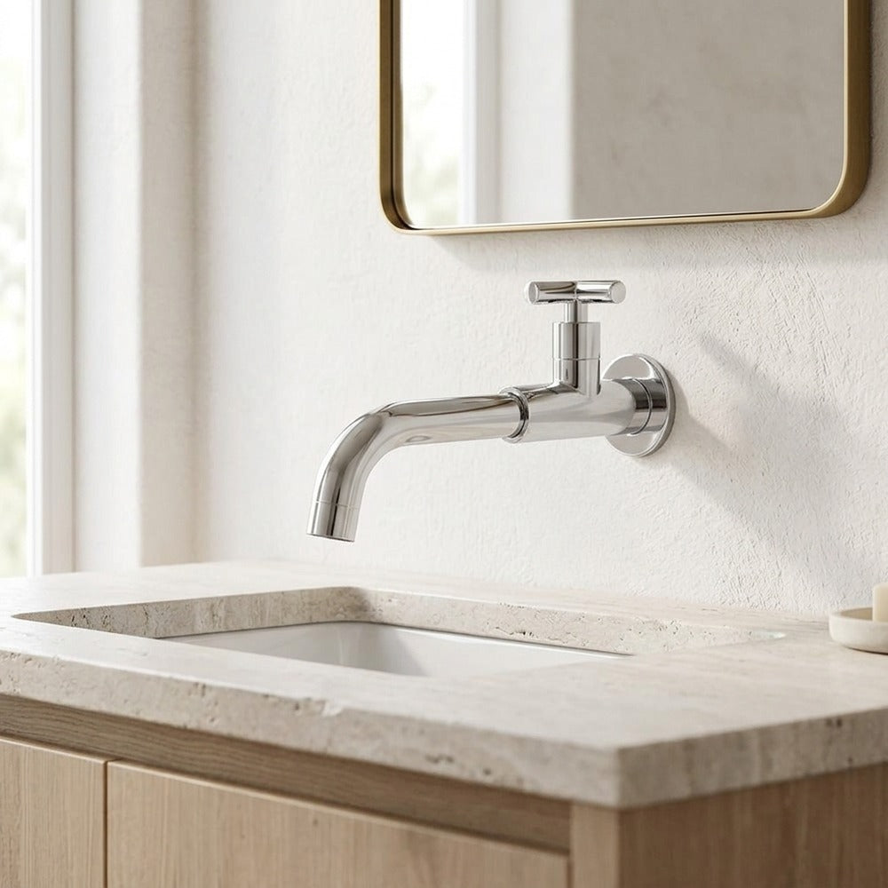 Lagomel single-handle wall-mount bathroom faucet, set in a Modern/Contemporary bathroom
