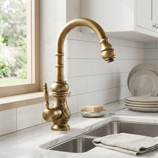 Lagomel single-handle kitchen faucet in antique brass, set in a Modern/Contemporary kitchen