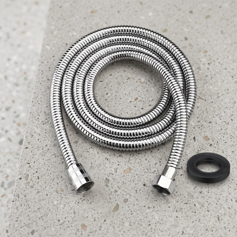 Lagomel shower hose in chrome, matte black, matte white, stainless steel, set in a Modern bathroom