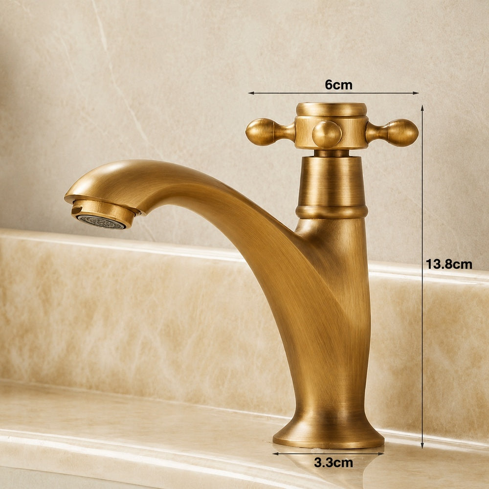 Traditional Antique Brass Single-Hole Bathroom Sink Faucet, Single Cross Handle Brass Vanity Faucet