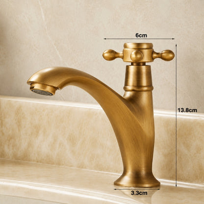Traditional Antique Brass Single-Hole Bathroom Sink Faucet, Single Cross Handle Brass Vanity Faucet