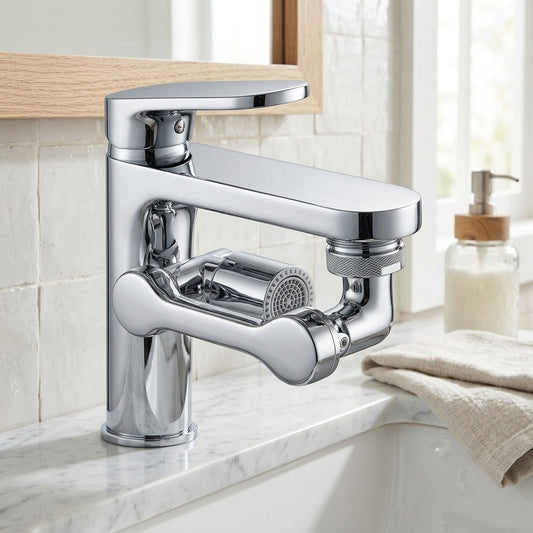 Lagomel faucet aerator in chrome, set in a Modern bathroom