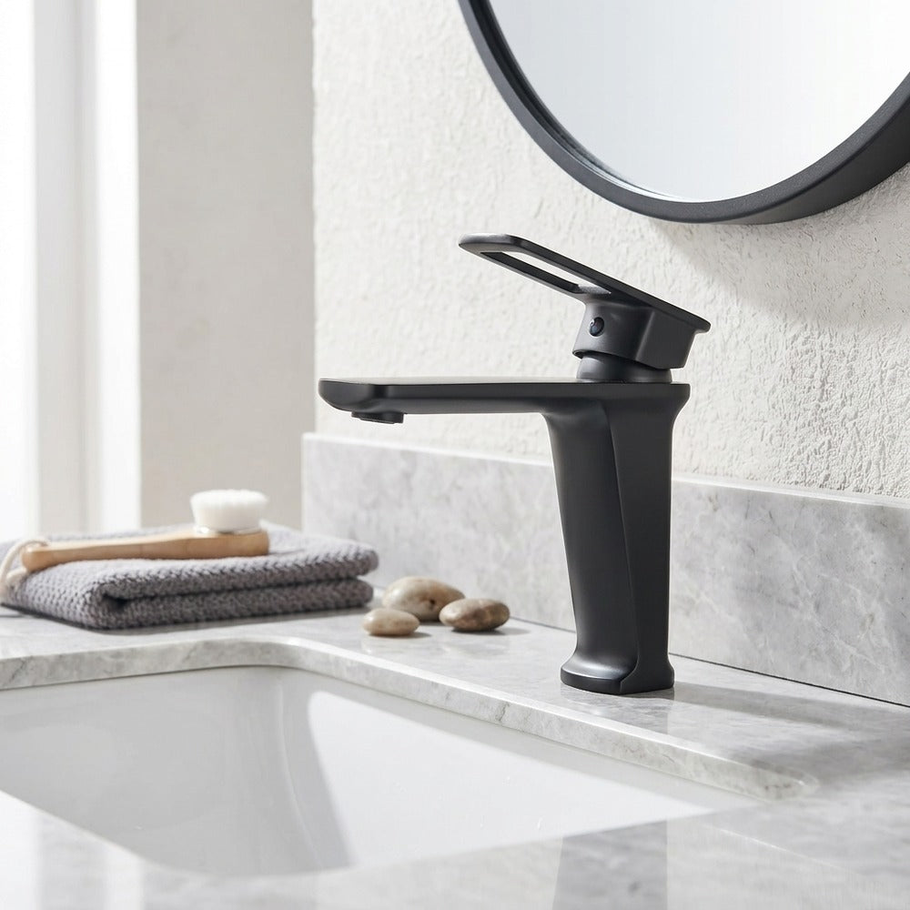 Lagomel single-hole bathroom faucet in matte black, gunmetal, chrome, set in a Modern/Contemporary bathroom