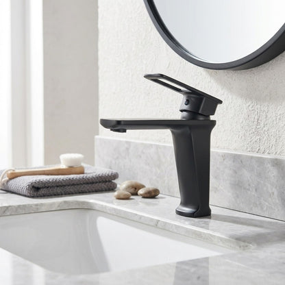 Lagomel single-hole bathroom faucet in matte black, gunmetal, chrome, set in a Modern/Contemporary bathroom