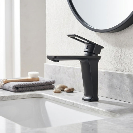 Lagomel single-hole bathroom faucet in matte black, gunmetal, chrome, set in a Modern/Contemporary bathroom