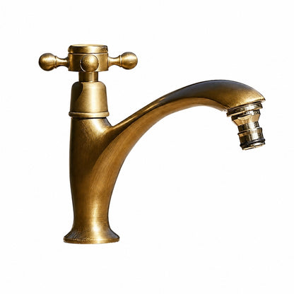 Traditional Antique Brass Single-Hole Bathroom Sink Faucet, Single Cross Handle Brass Vanity Faucet