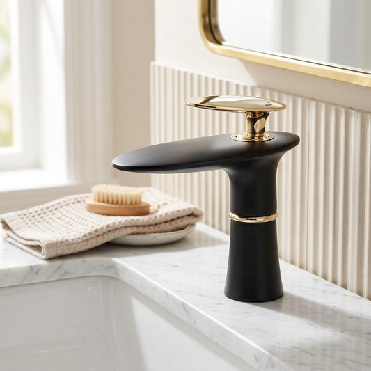 Lagomel waterfall single-hole bathroom faucet in two-tone / mixed finish, matte white, brushed nickel, chrome, set in a Modern/Contemporary bathroom