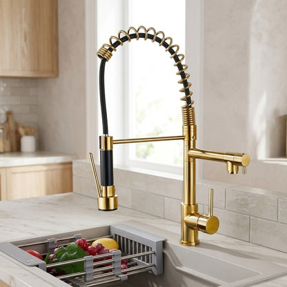 Lagomel single-hole pull-down pre-rinse kitchen faucet in two-tone / mixed finish, set in a Modern/Contemporary kitchen