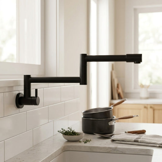 Lagomel wall-mounted single-handle pot filler in matte black, brushed nickel, set in a Modern/Contemporary kitchen