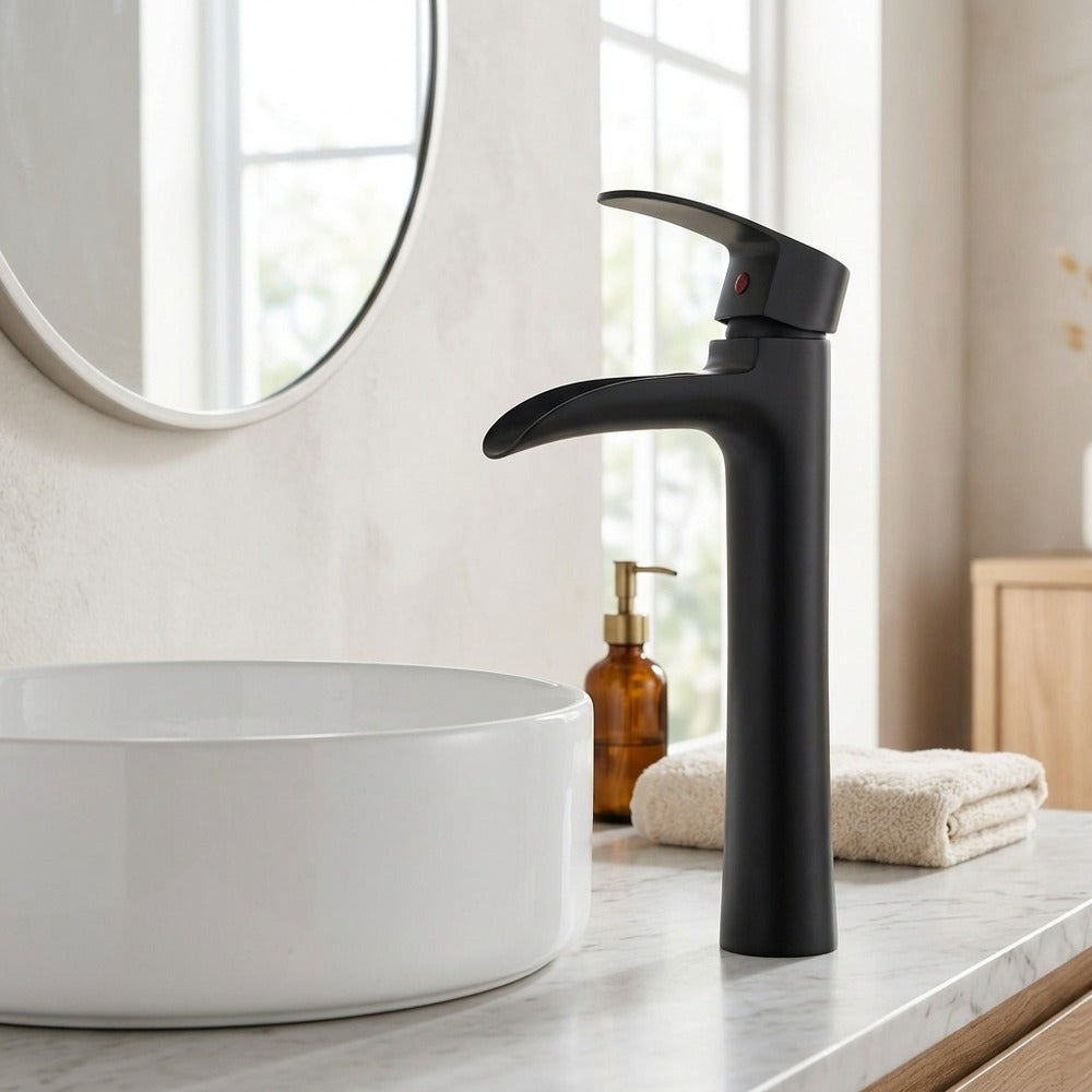 Lagomel waterfall single-handle vessel sink faucet in matte black, chrome, set in a Modern/Contemporary bathroom