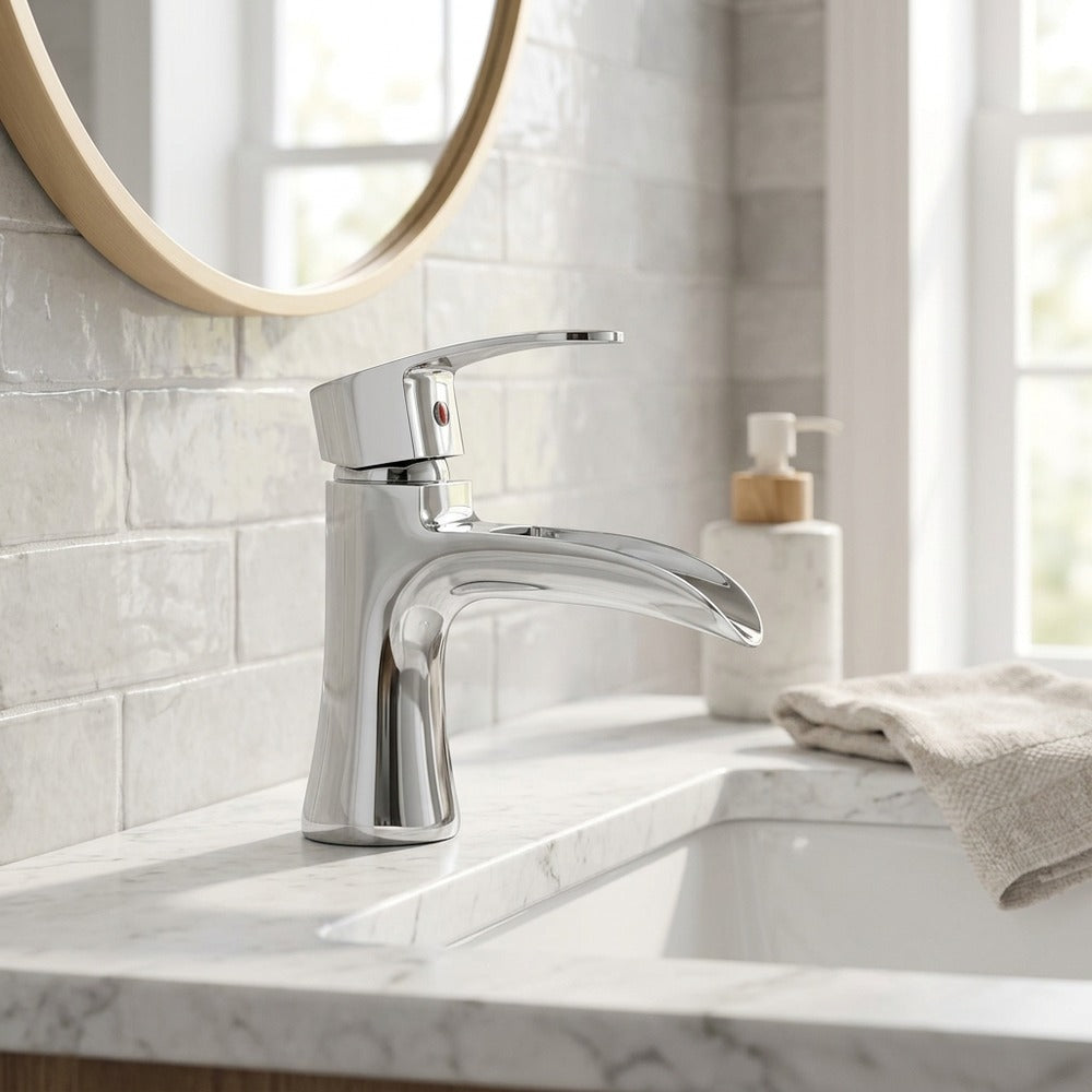 Lagomel waterfall single-handle vessel sink faucet, set in a Modern/Contemporary bathroom