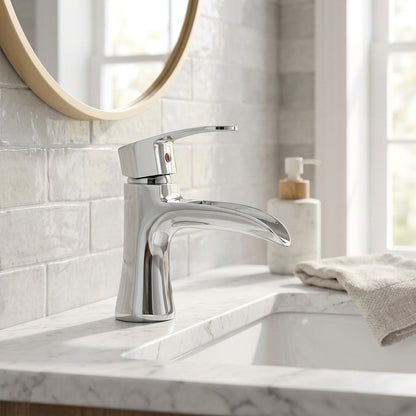 Lagomel waterfall single-handle vessel sink faucet, set in a Modern/Contemporary bathroom